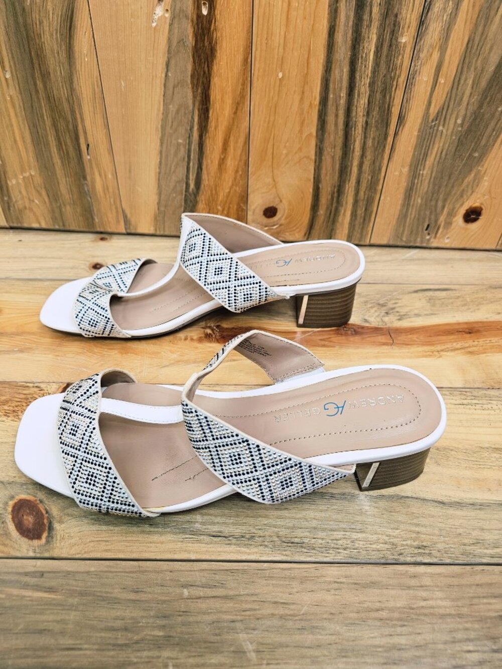 Andrew Geller Henle Block Heel White Bejeweled Sandals